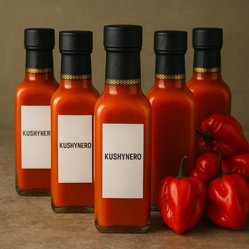 Kushynero hot sauce bottles with fresh peppers