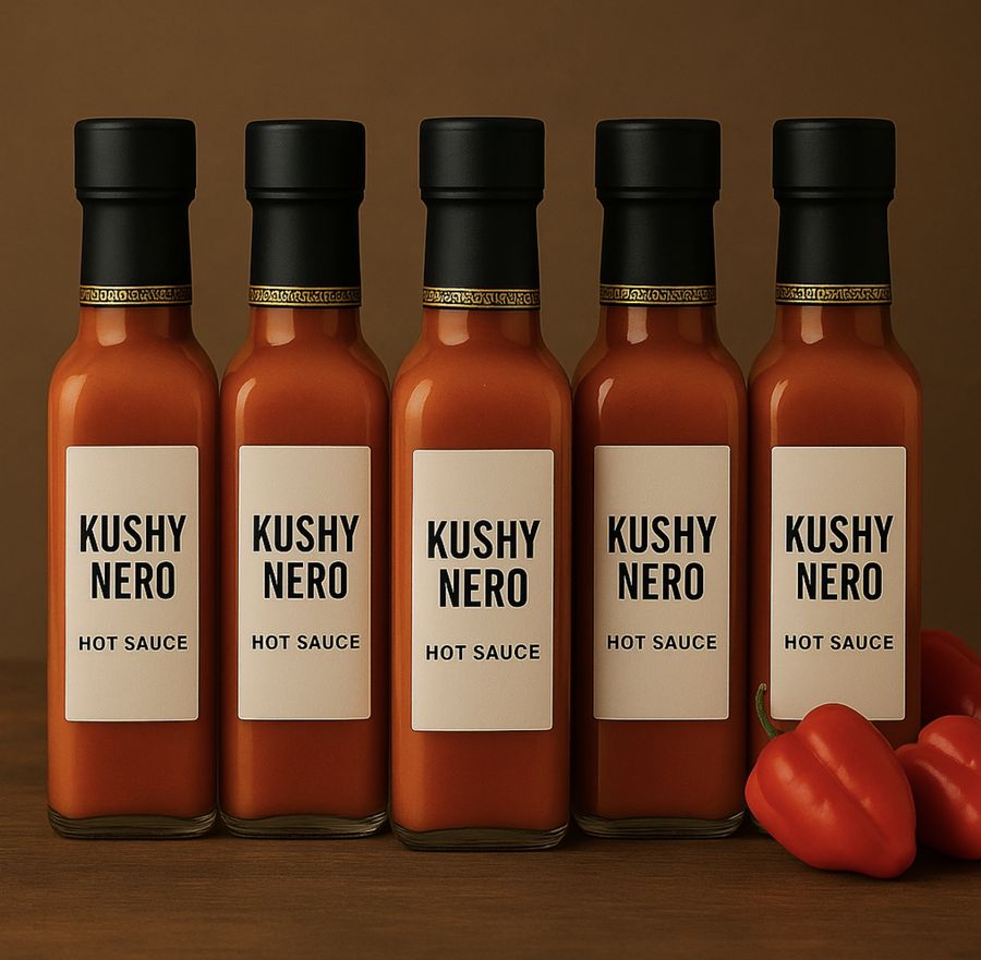 Five Kushynero bottles on a warm backdrop