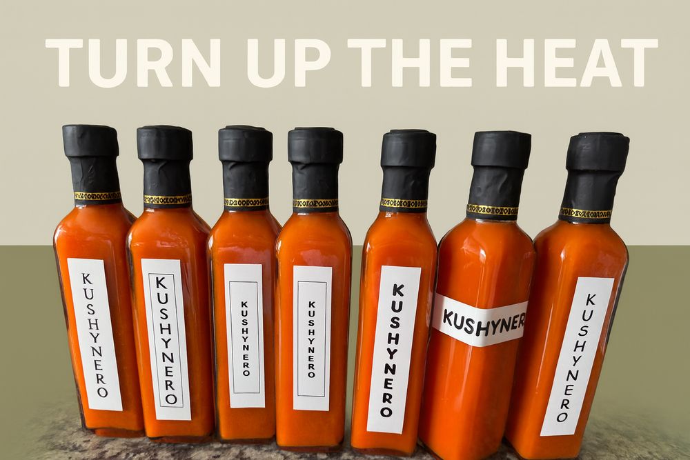 A lineup of Kushynero hot sauce bottles